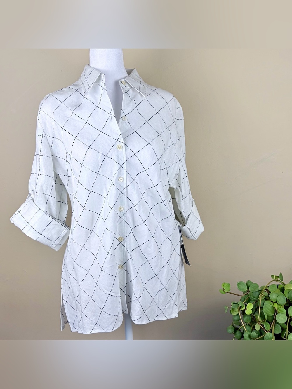 100% Linen Jones New York Signature White Button-Front Grid Plaid Shirt Size L